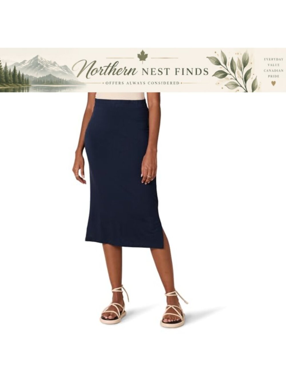 Pull-On Knit Midi Skirt Rayon Stretch Jersey A-Line Slit Elastic Waist
